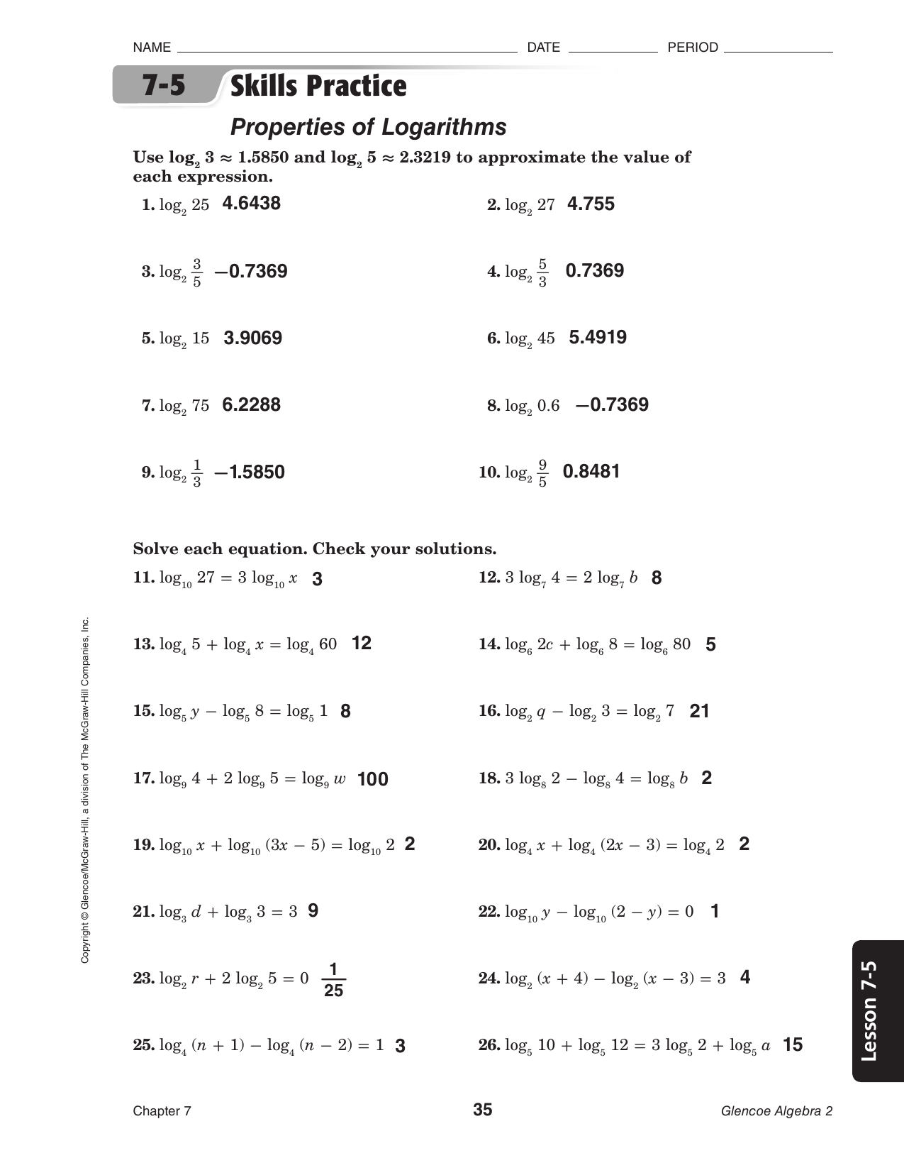 1 3 Skills Practice Solving Equations Glencoe Algebra 2 ...
