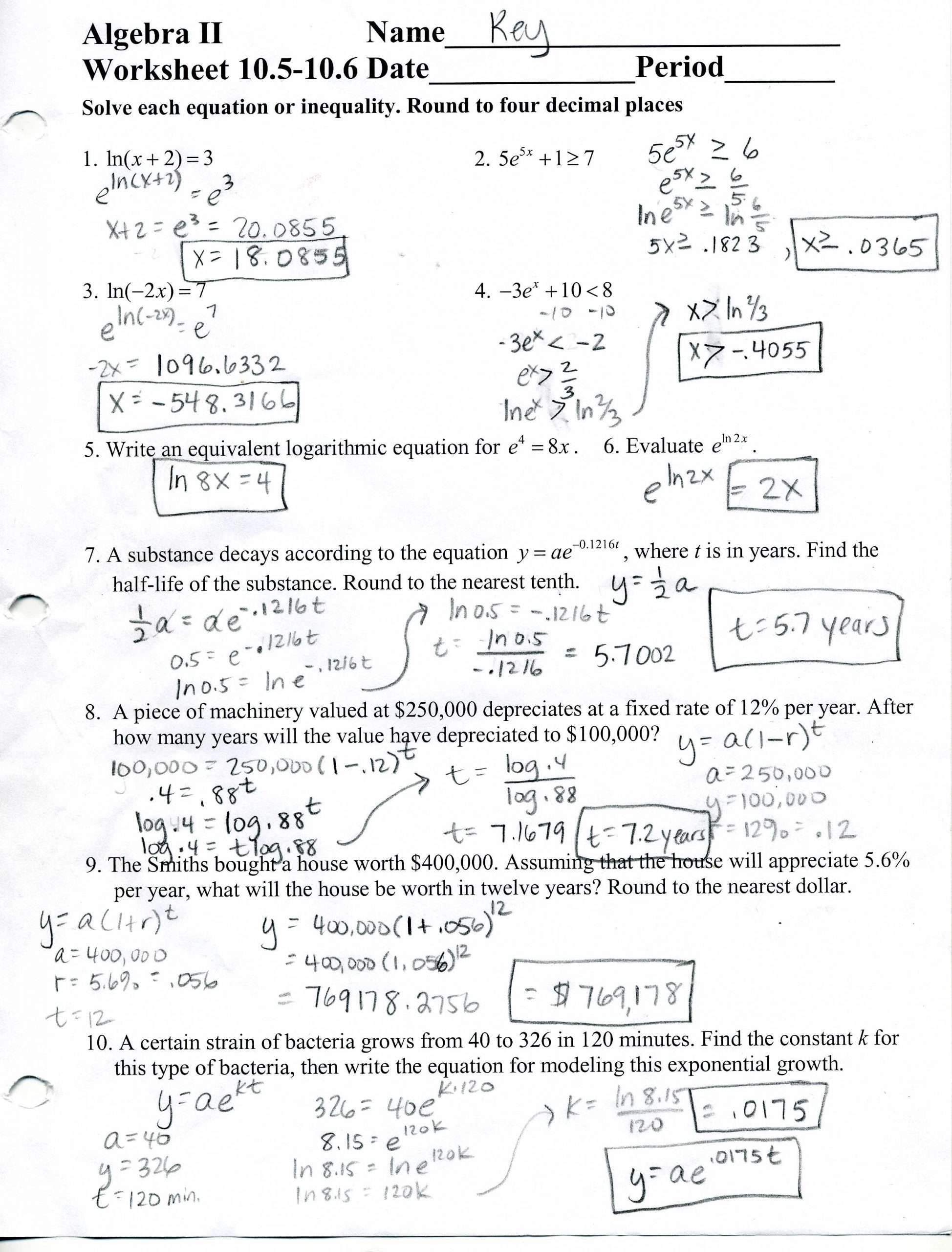 Algebra 2 Worksheet Answers