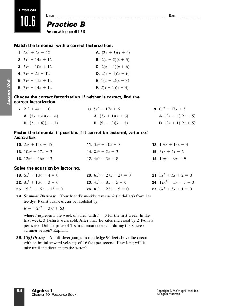 Algebra 1 Practice Workbook Mcdougal Littell Answer Key