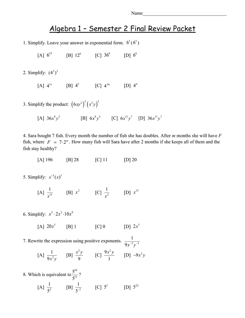 Algebra 1 Review Packet With Answers - Tutordale.com