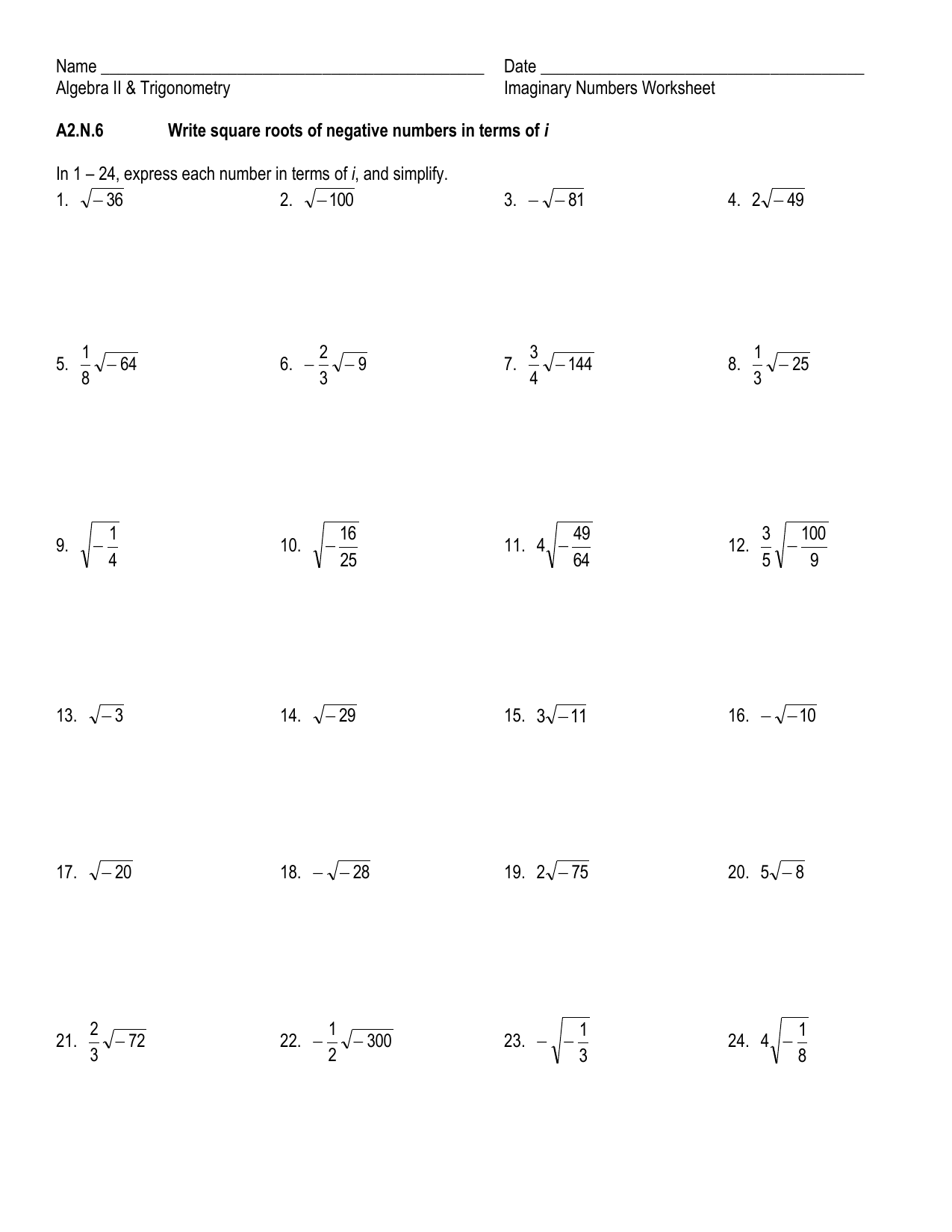 Algebra 2 Simplifying Radicals Imaginary Numbers Worksheet ...