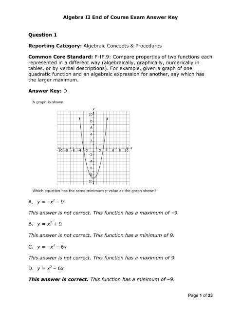 Algebra II End of Course Exam Answer Key Question 1 ...