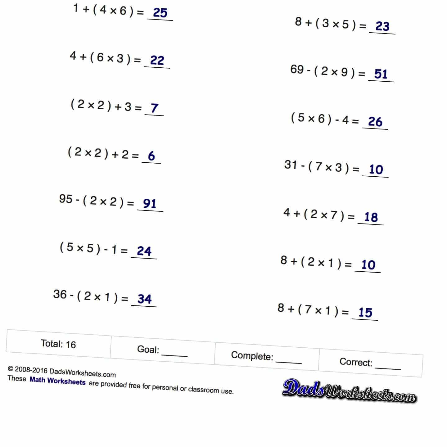 Algebra Order Of Operations Worksheets With Answers