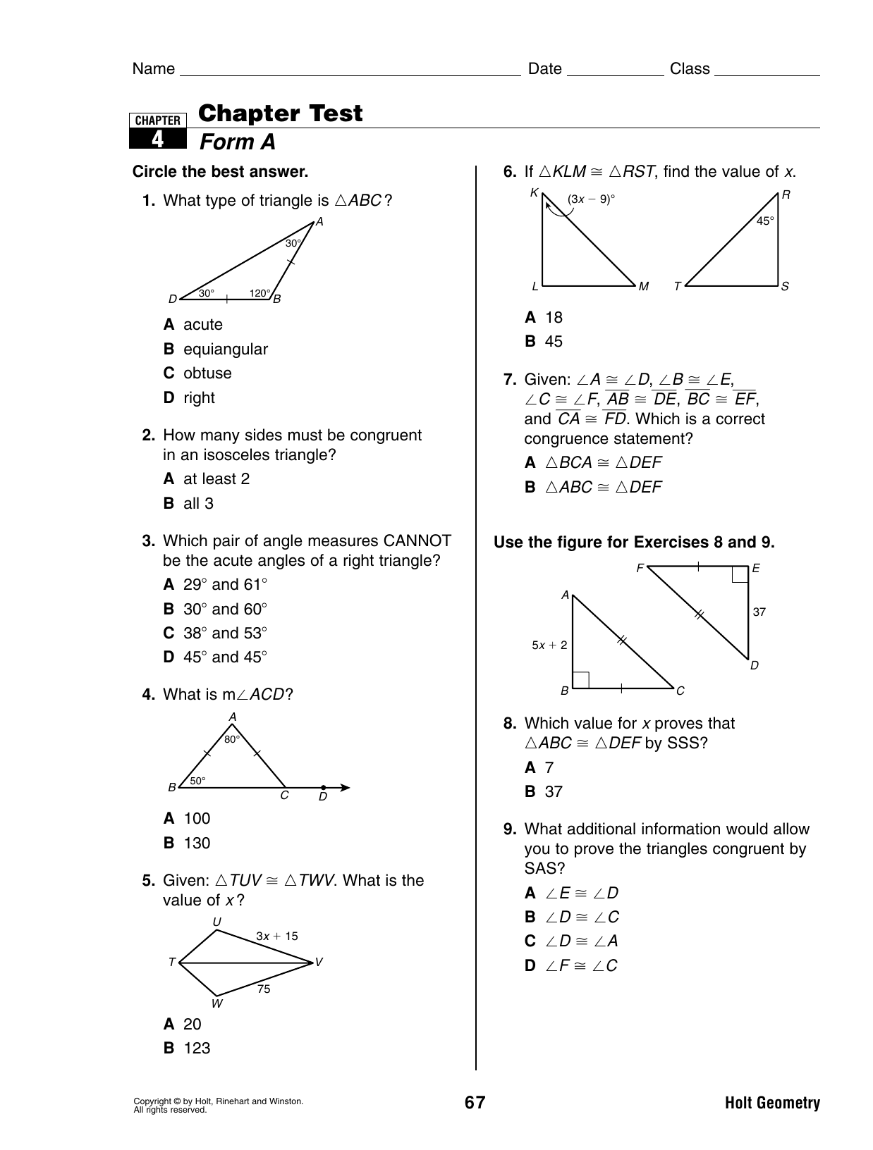 Holt Geometry Chapter 7 Test Answer Key Tutordale