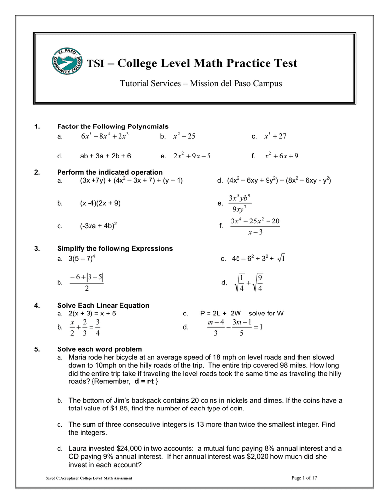College Level Math Practice Test TSI