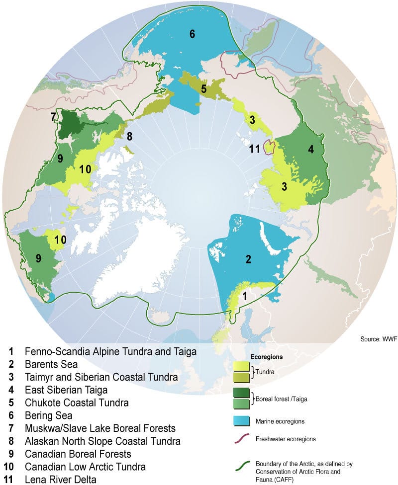 Ecoregions prioritised for conservation, in the Arctic (WWF Global 200 ...