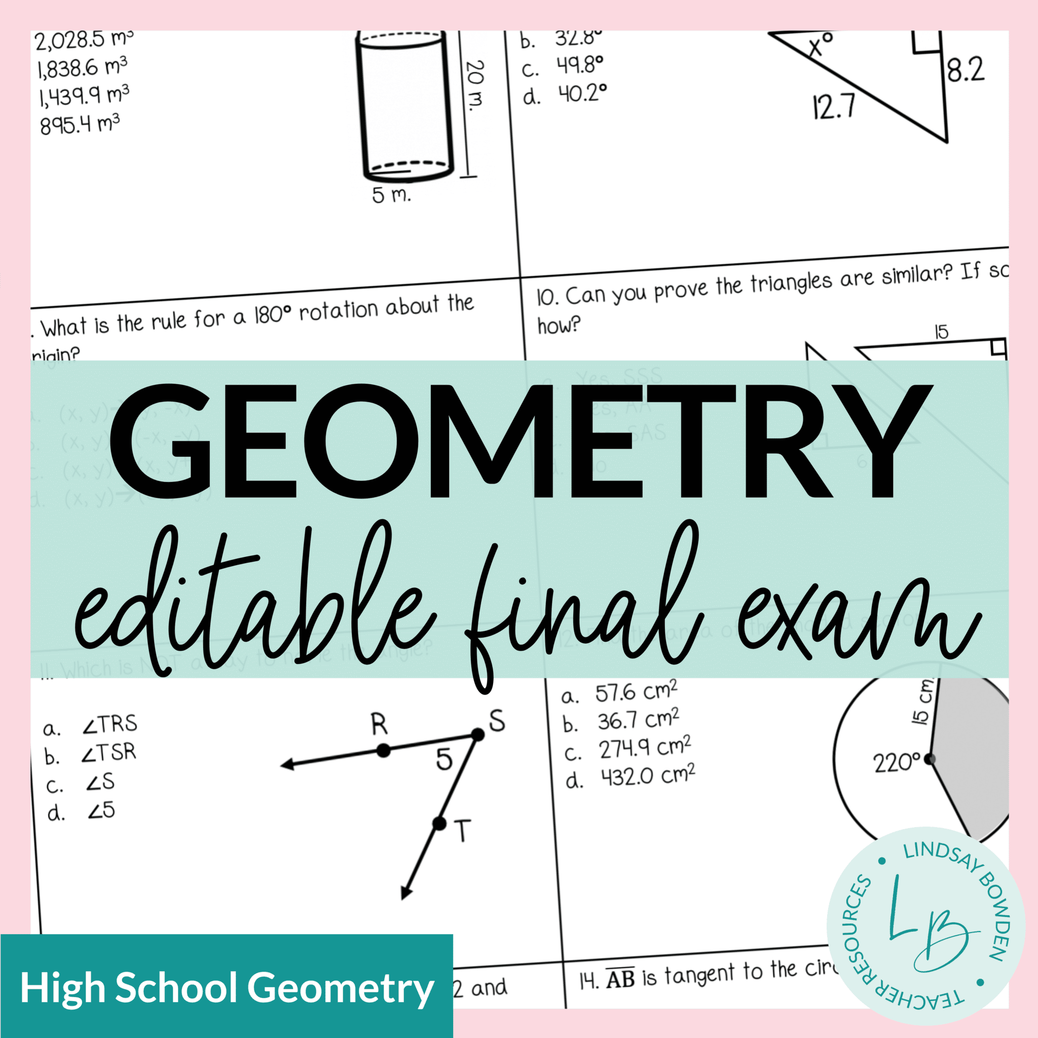 Geometry Final Exam with Study Guide (Editable)
