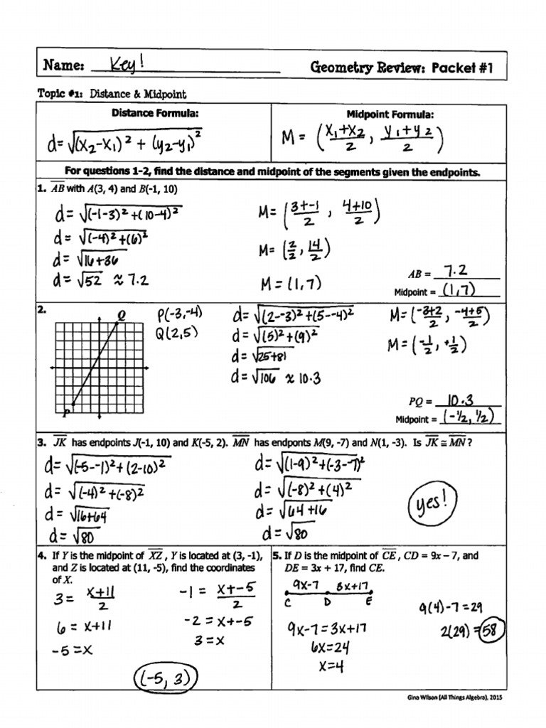 Geometry Review Packet 1 Distance And Midpoints Answer Key ...