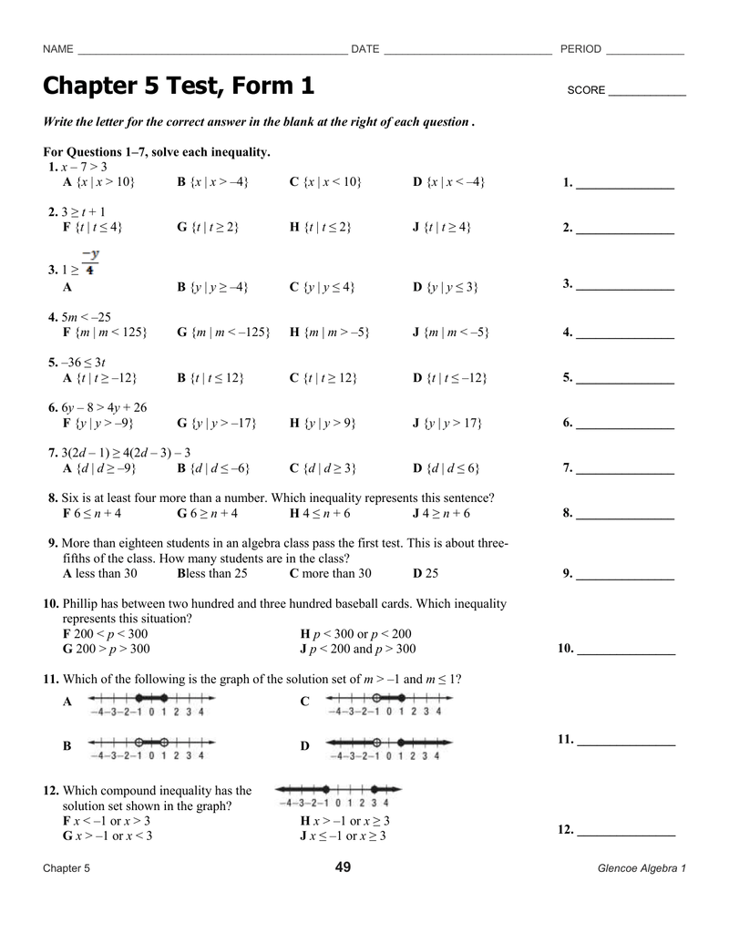 Glencoe Algebra 1 Chapter 3 Test Form 2A Answer Key ...