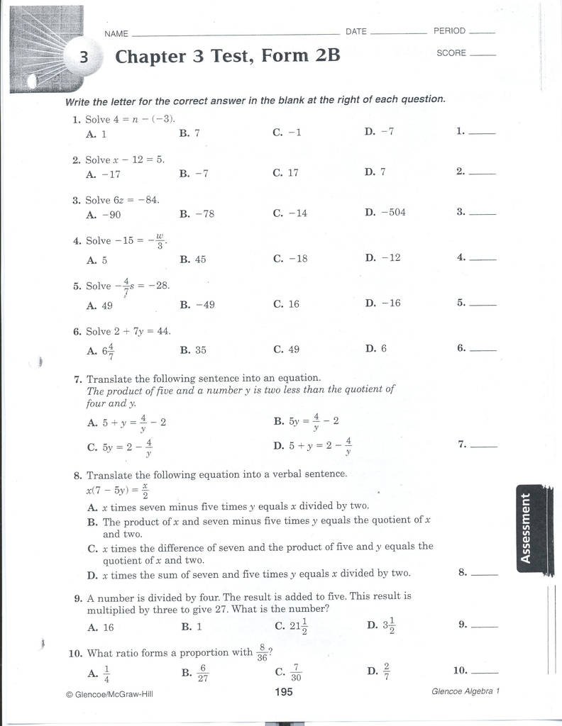 Glencoe Algebra 1 Chapter 6 Mid Chapter Test Answer Key ...