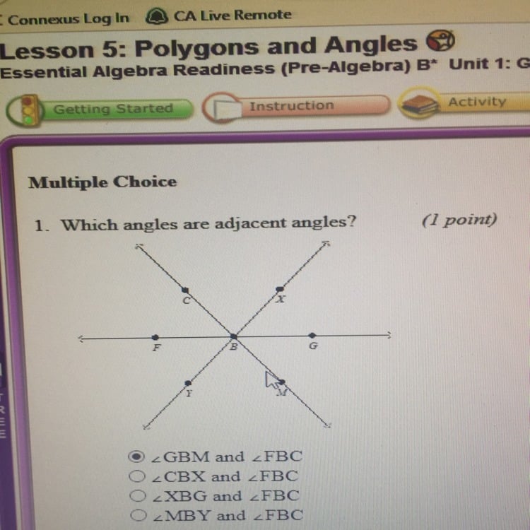 Help? Which angles are adjacent angles?