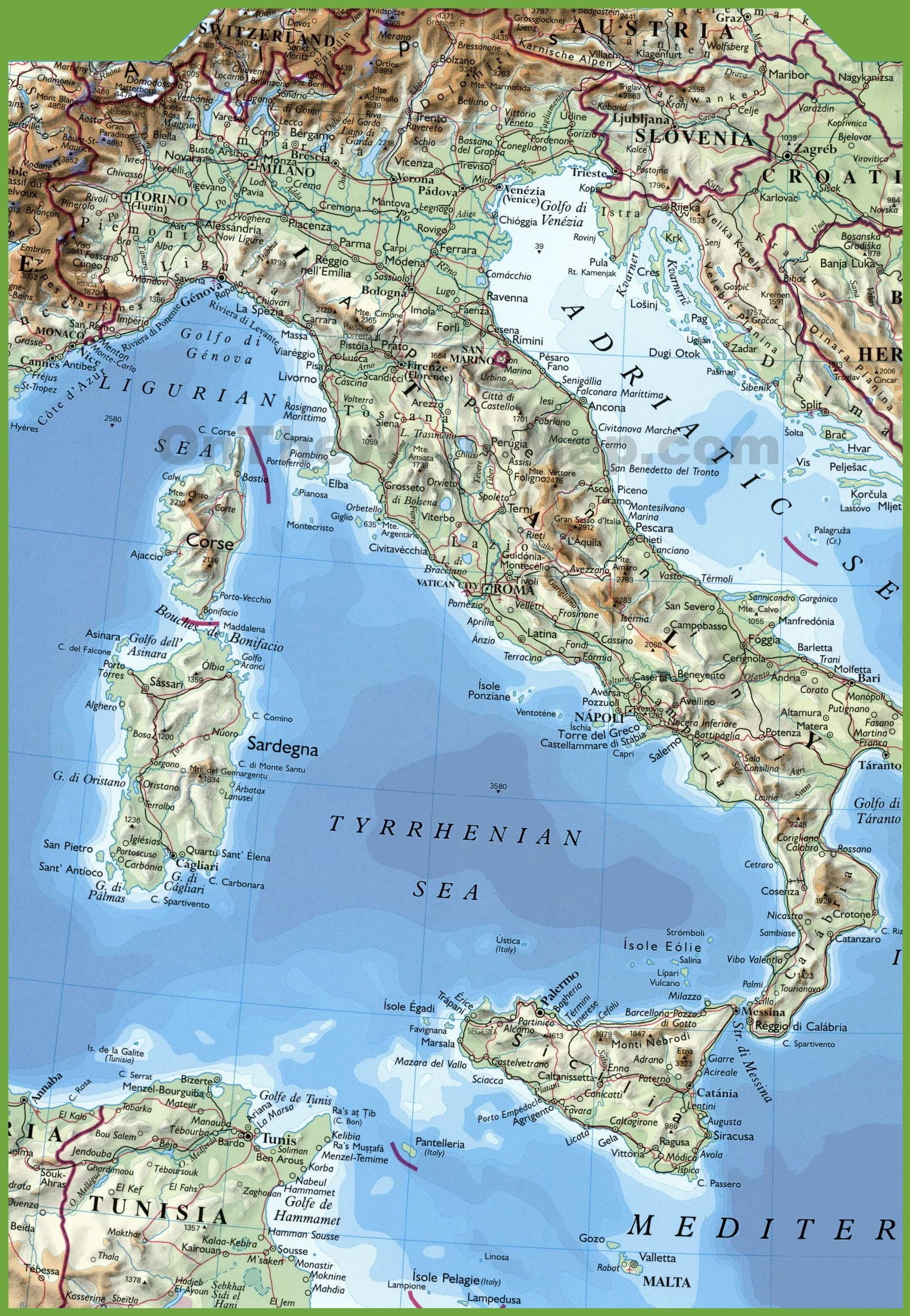 Large physical map of Italy