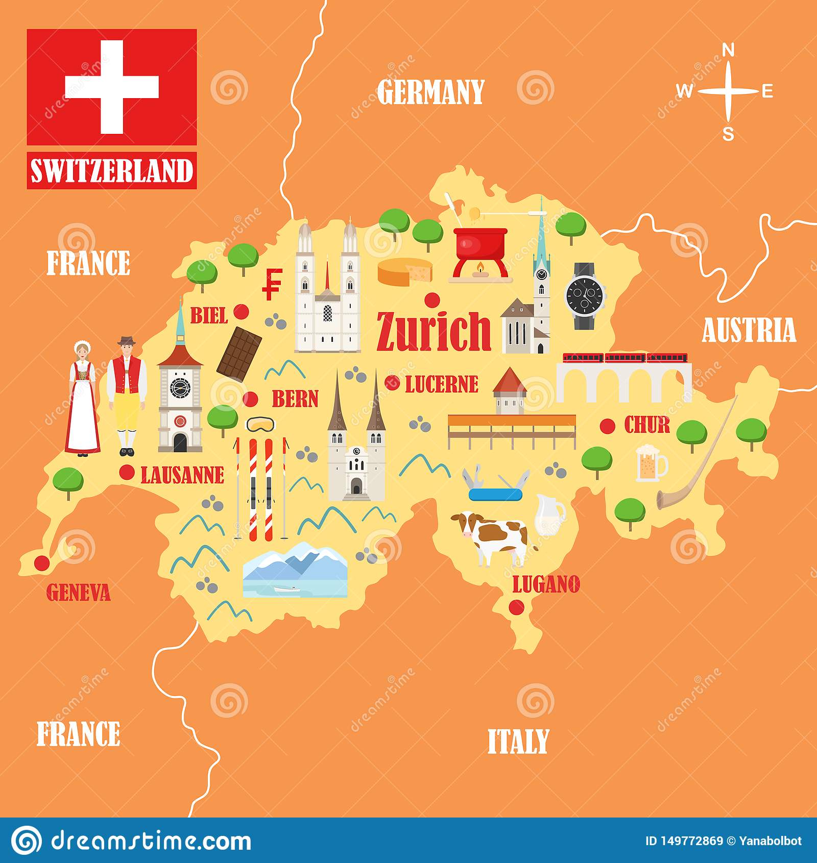 Map Of Switzerland With Landmarks Stock Vector
