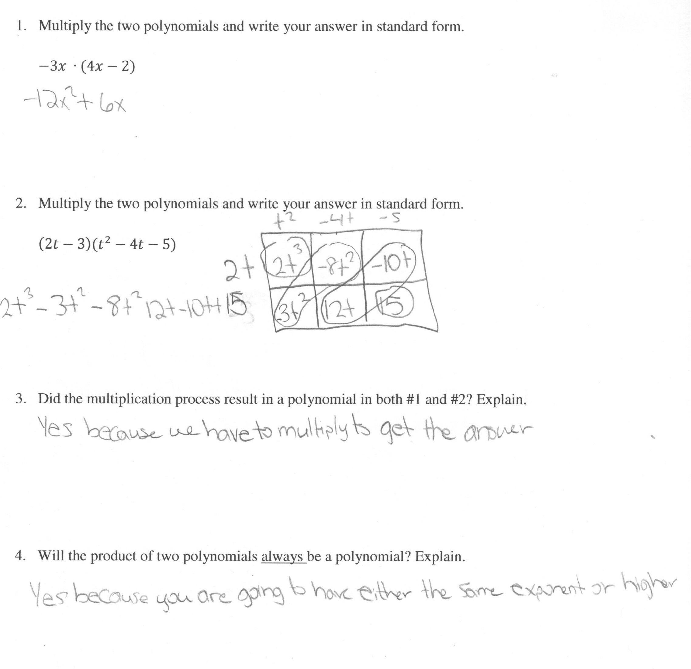 Multiplying Polynomials Worksheet 1 Answers