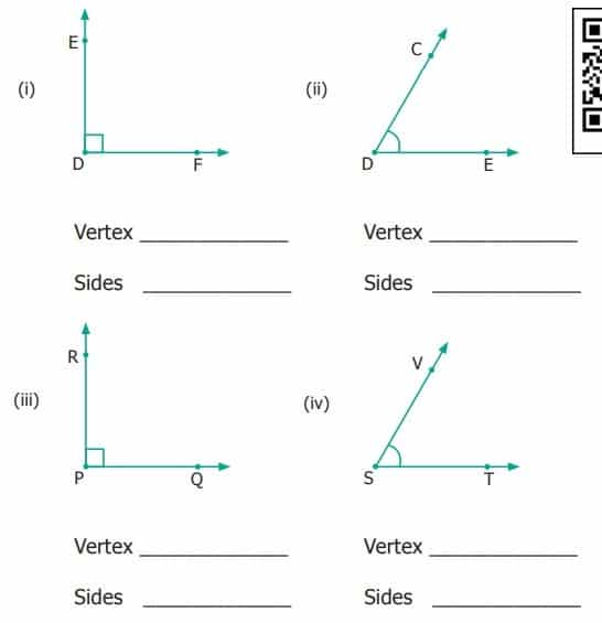 Name the vertex and sides that form each angle