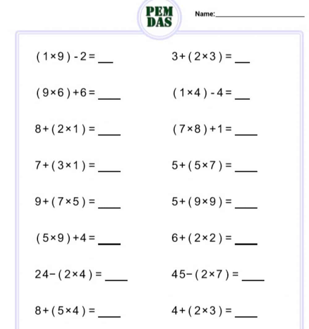 Order of Operations (MDAS with parentheses) worksheet