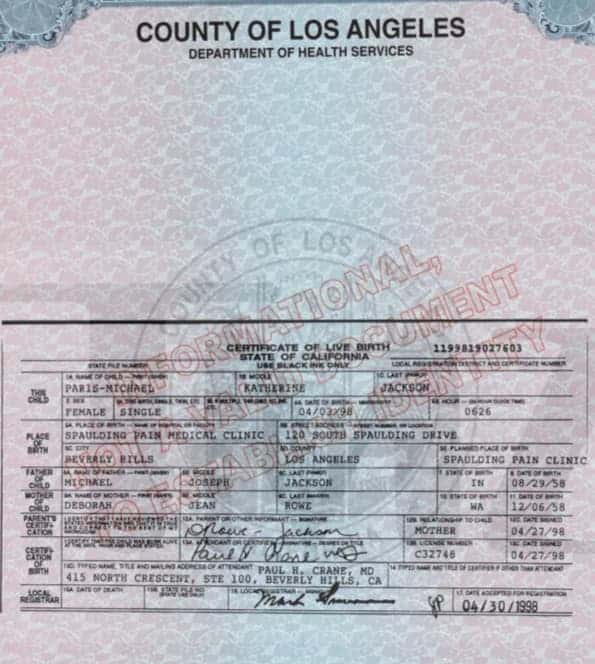 Paris Jackson Birth Certificate