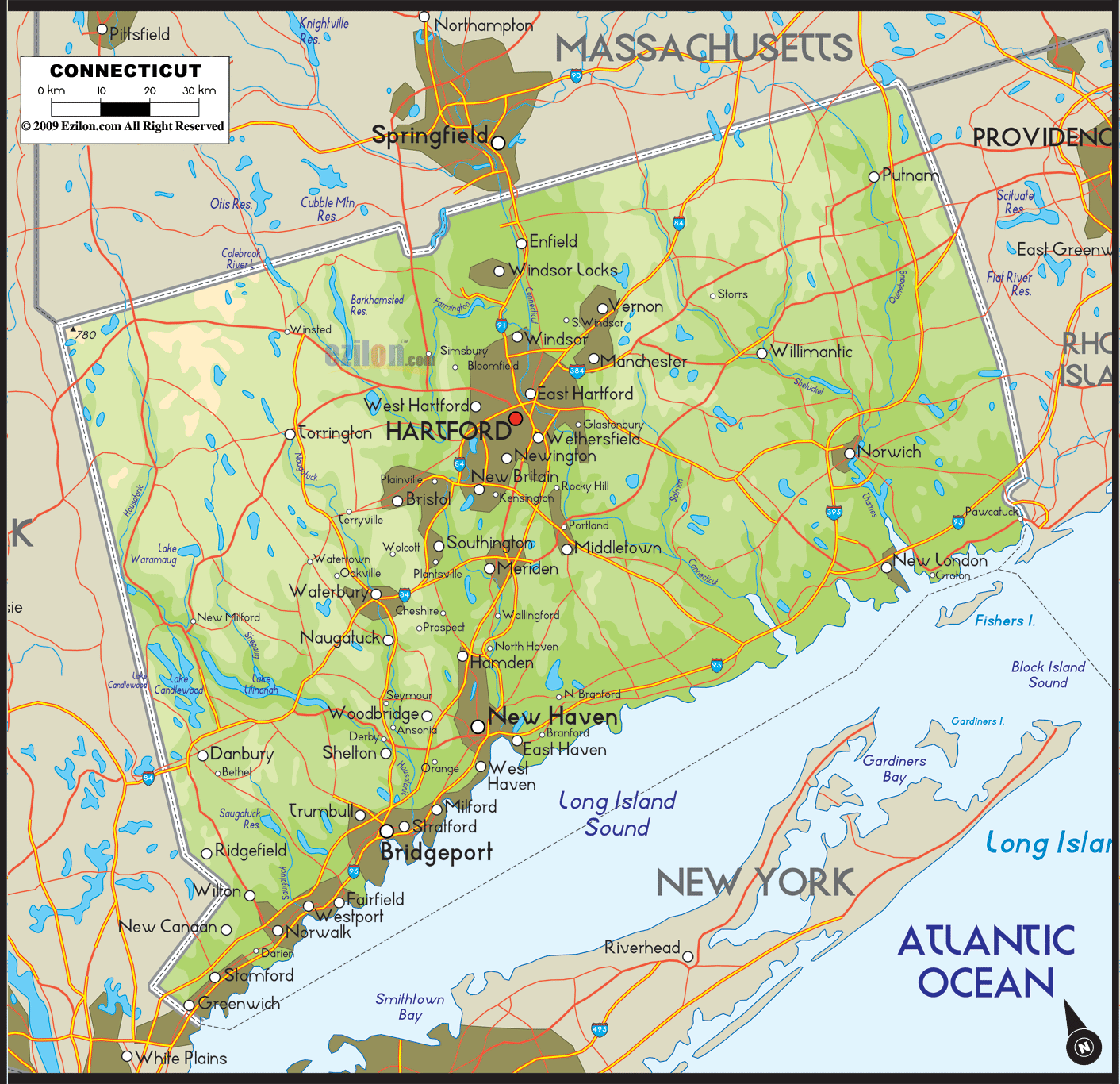 Physical Map of Connecticut