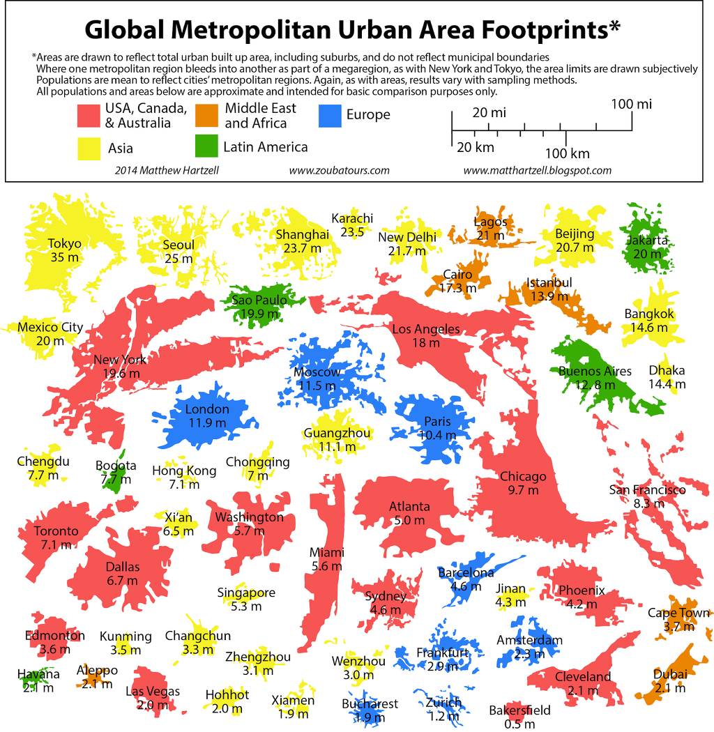Size of metropolitan area around the world