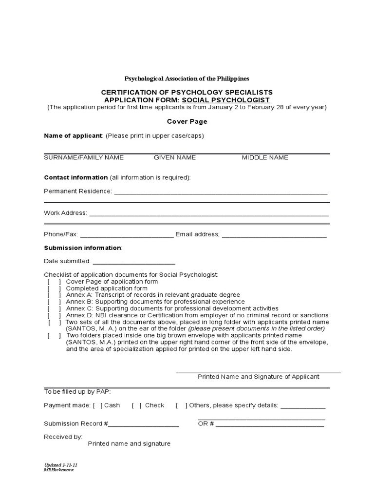Social Psychologist Application Form Doc