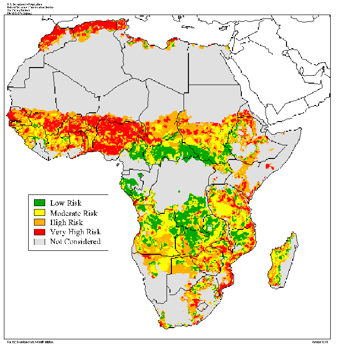 The map above shows areas within Africa, and their risk of ...